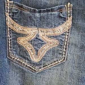 Blue Spice, High Waist Bootcut Denim Jeans, Embroidered Bull Detailing Size 14